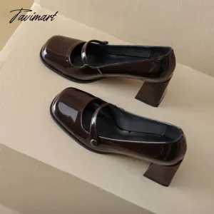 Tavimart Dark brown retro Mary Jane high heels simple and comfortable women's single shoes