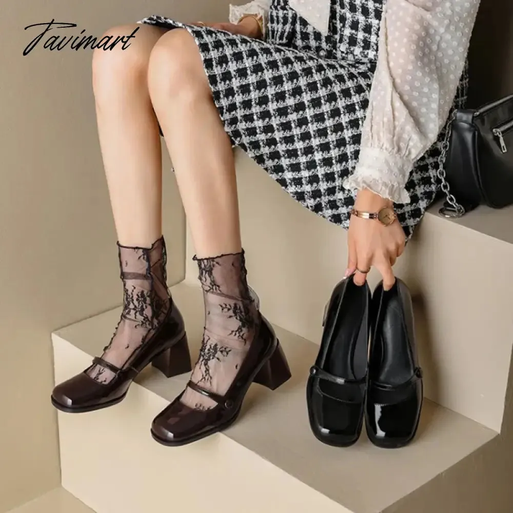 Tavimart Dark brown retro Mary Jane high heels simple and comfortable women's single shoes