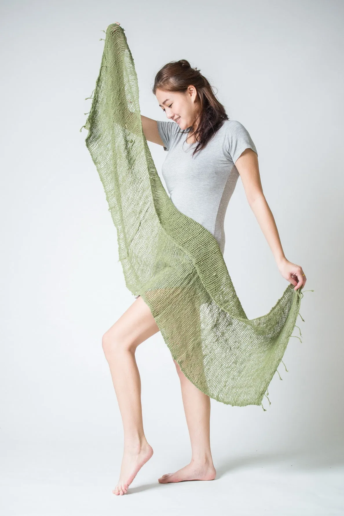 Thai Hand Woven Cotton Shawl Scarf in Green