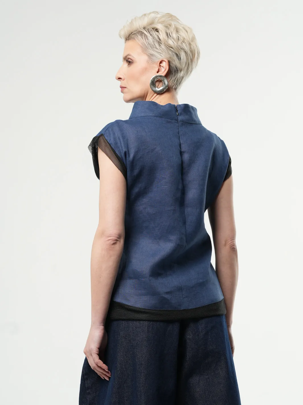 Turtleneck Linen Top In Blue