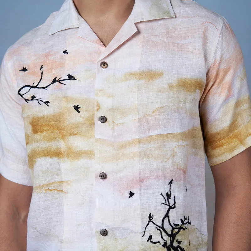 Unisex Linen Embroidered Shirt | White & Yellow