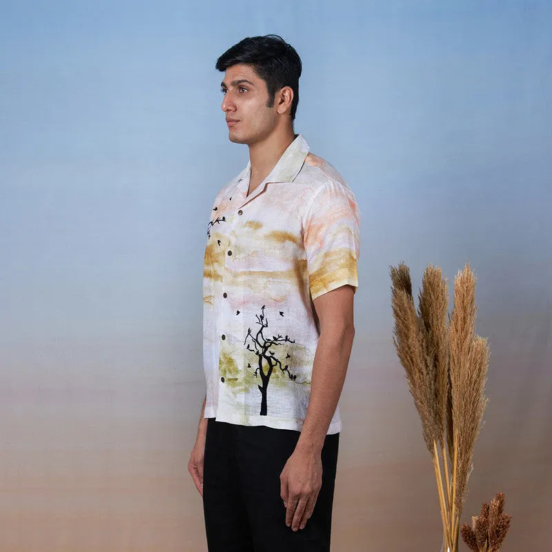 Unisex Linen Embroidered Shirt | White & Yellow