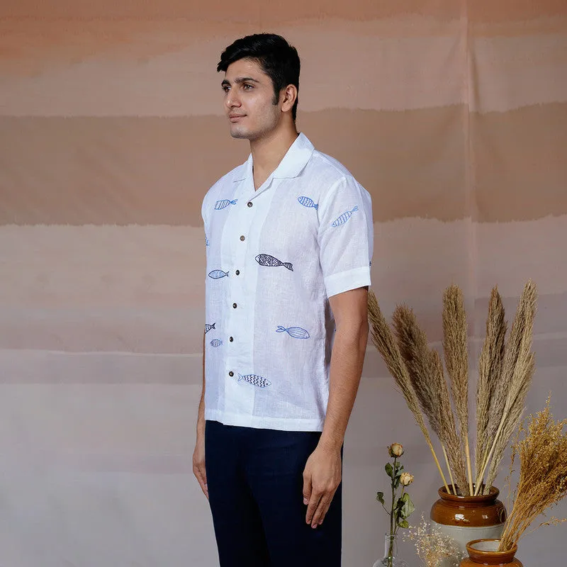 Unisex Linen Shirt for Men | White | Hand Embroidered