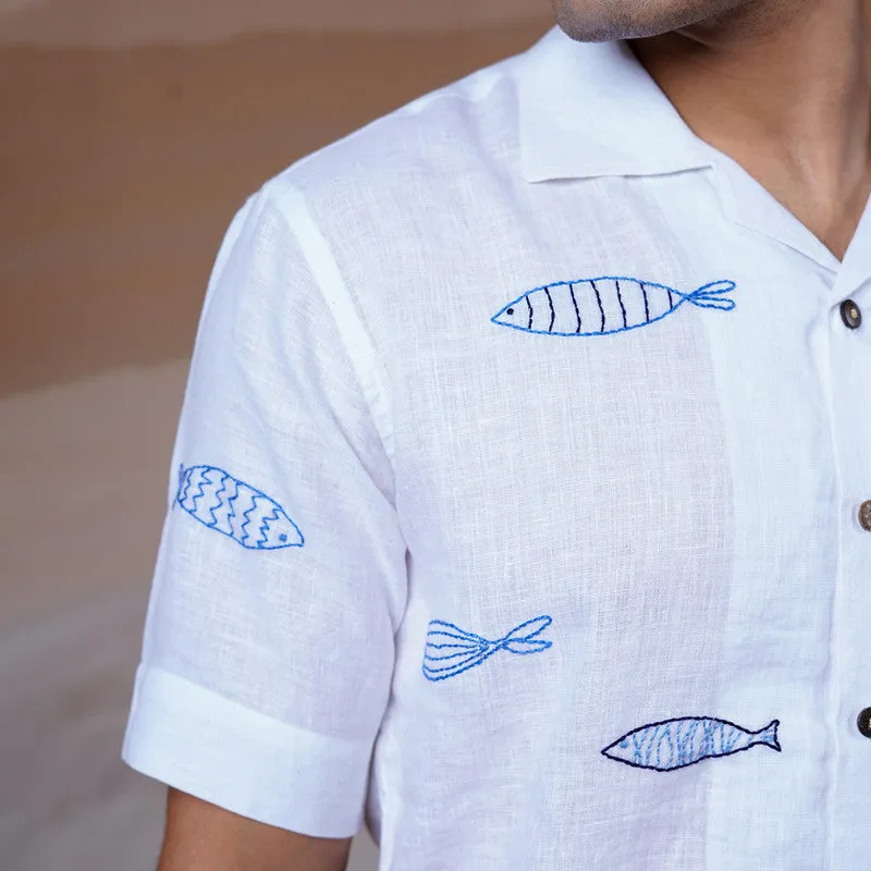 Unisex Linen Shirt for Men | White | Hand Embroidered