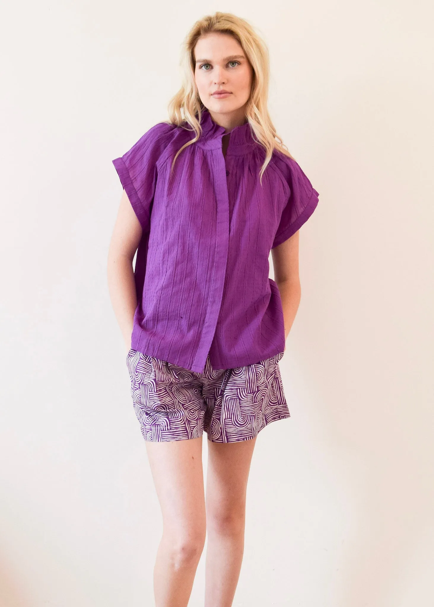 Vicki Button Down Top Purple Pinstripe Solid