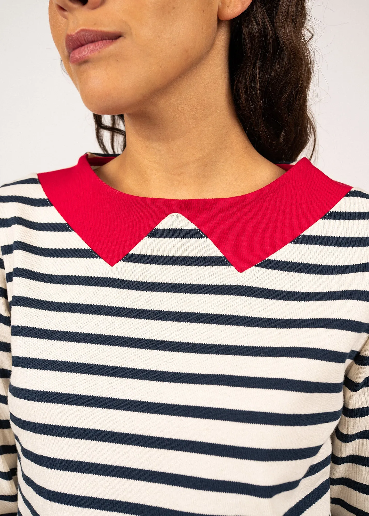 VIRE - Breton Striped Shirt with Collar for Women| Heavyweight Cotton (ECRU / NAVY / RED)