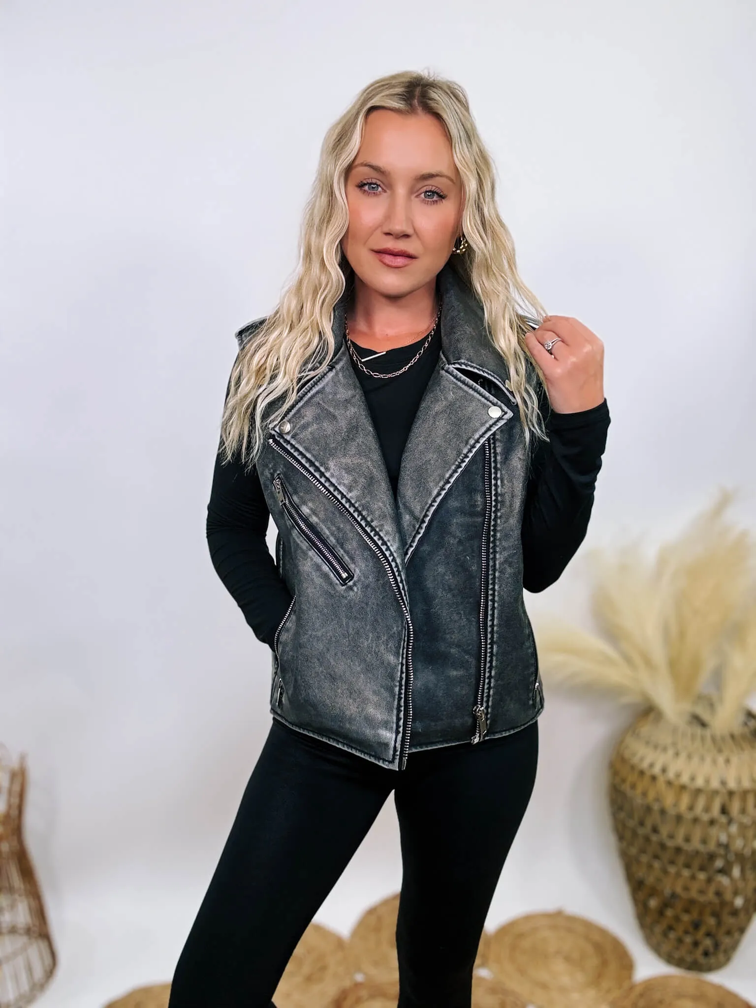 Washed Black PU Leather Moto Vest