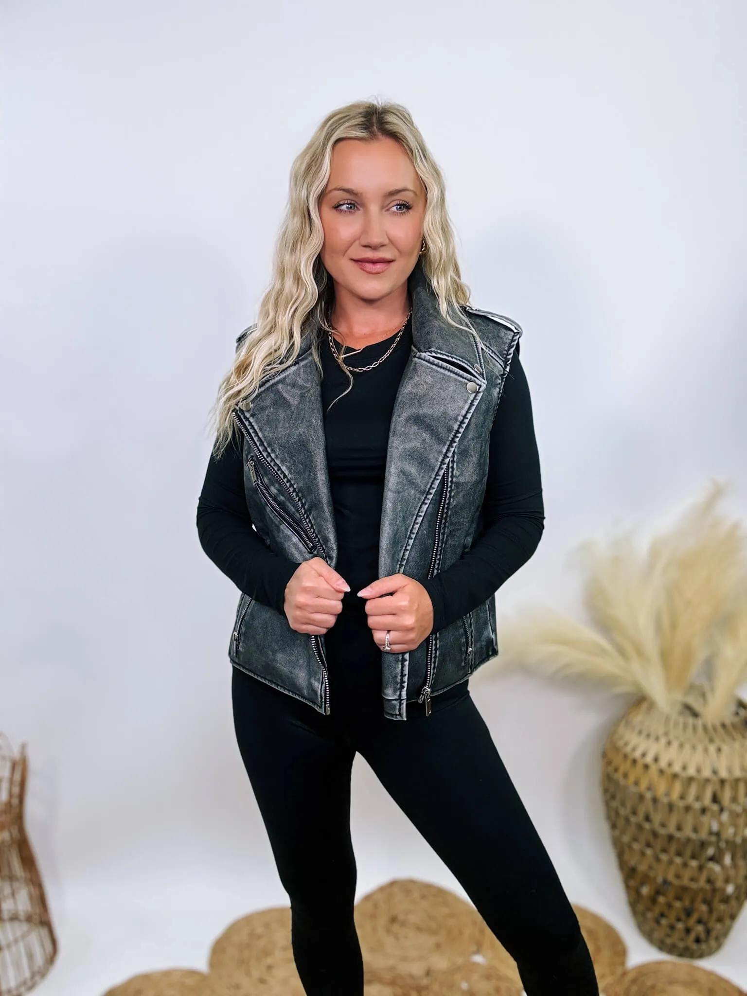 Washed Black PU Leather Moto Vest