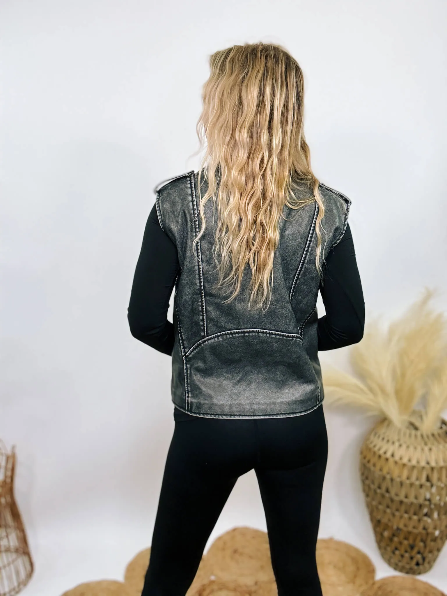 Washed Black PU Leather Moto Vest