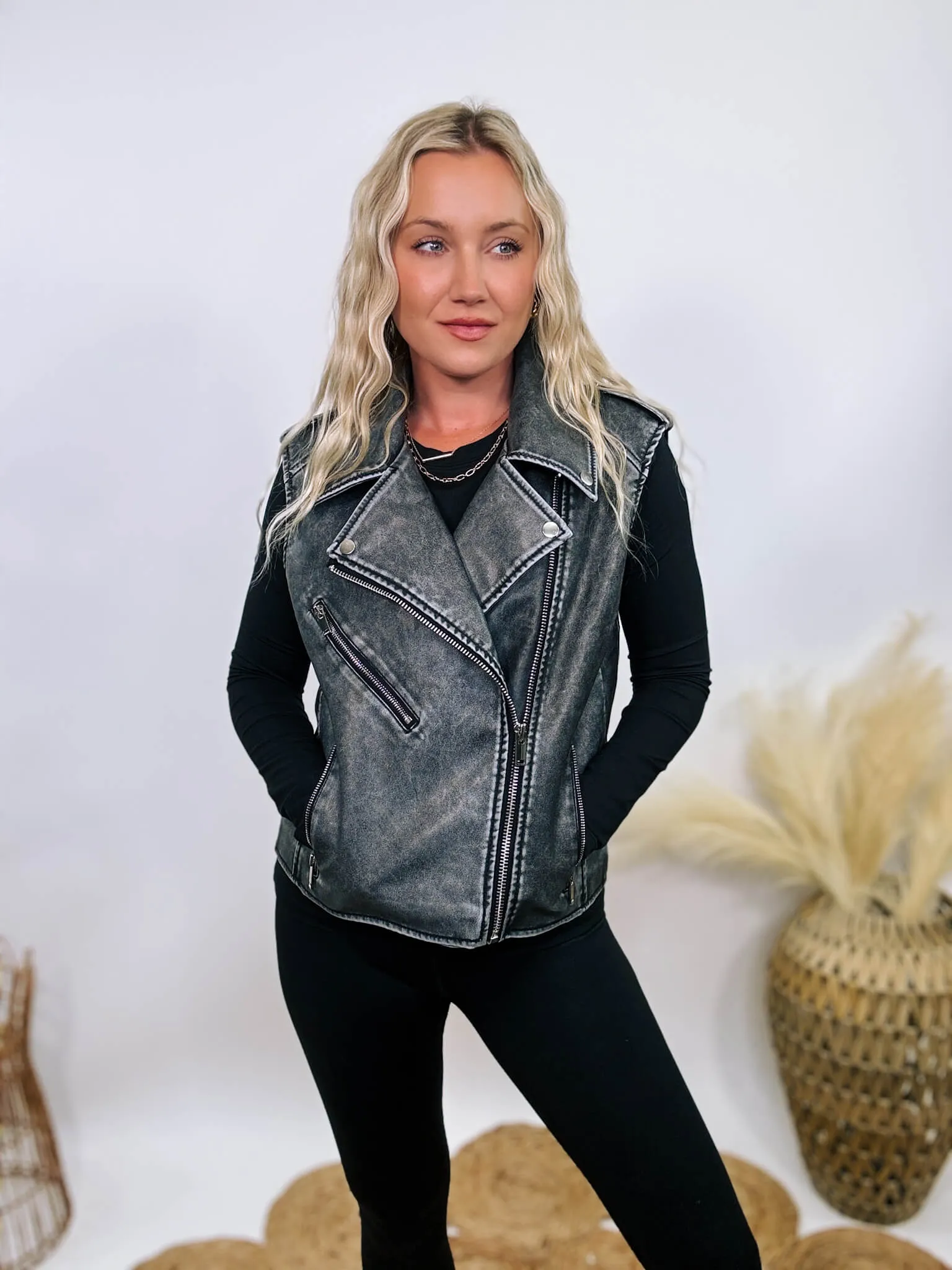 Washed Black PU Leather Moto Vest