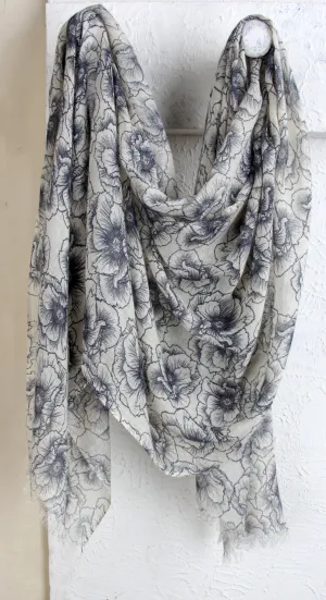 White & Blue Floral Silk Cashmere Scarf