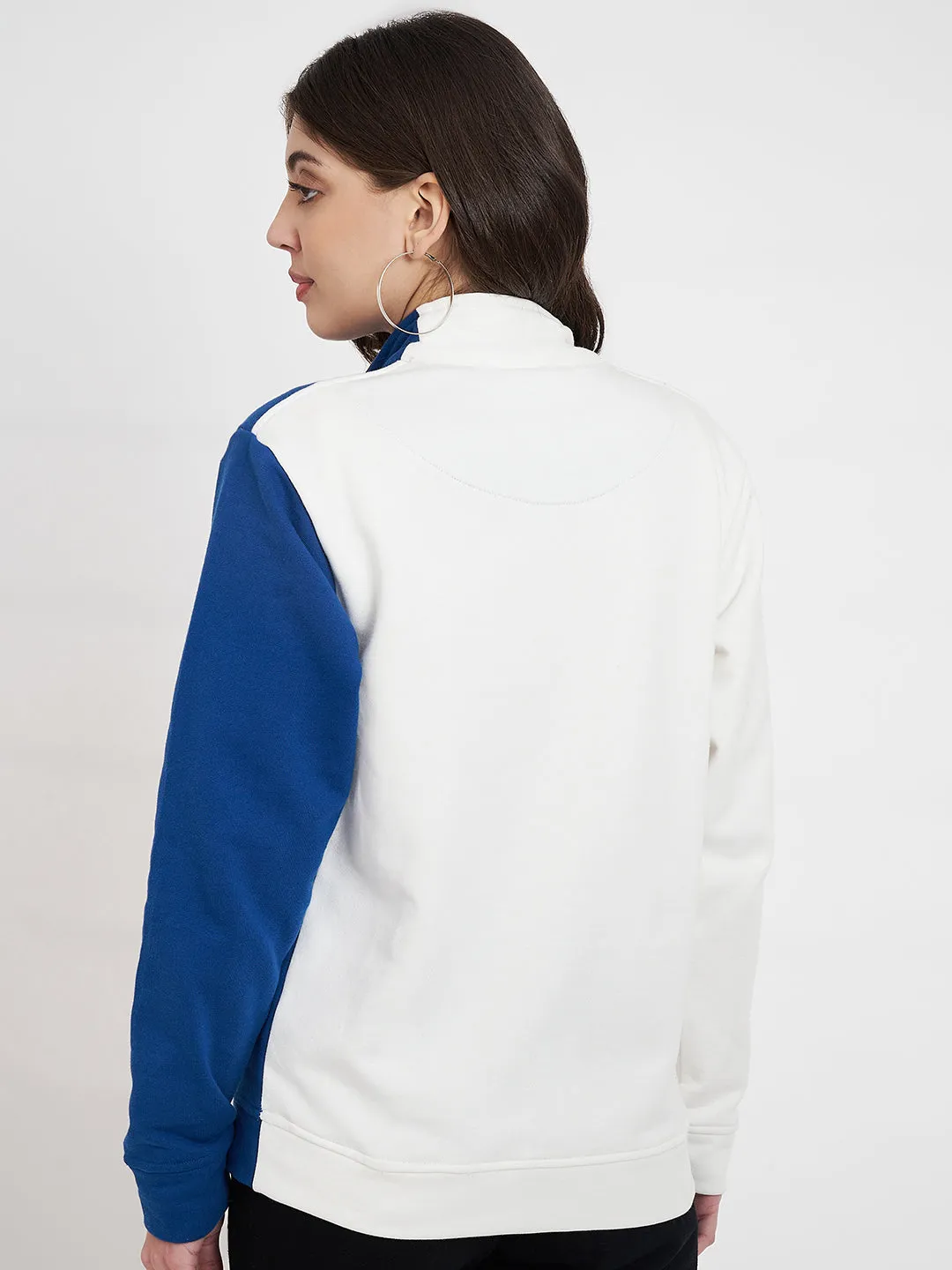 Women Colourblocked Mock Collar Blue Bomber Jacket