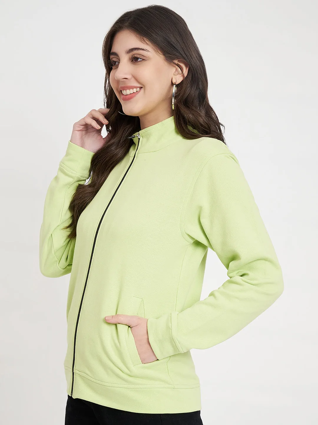 Women Mock Collar Green Bomber Jacket