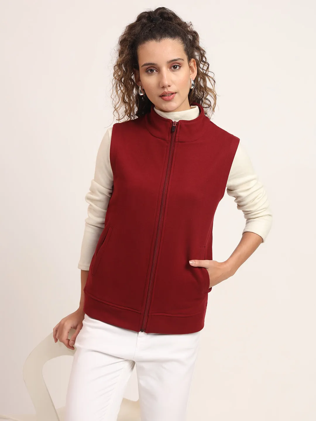 Women Mock Collar Solid Cotton Casual Bomber Jacket