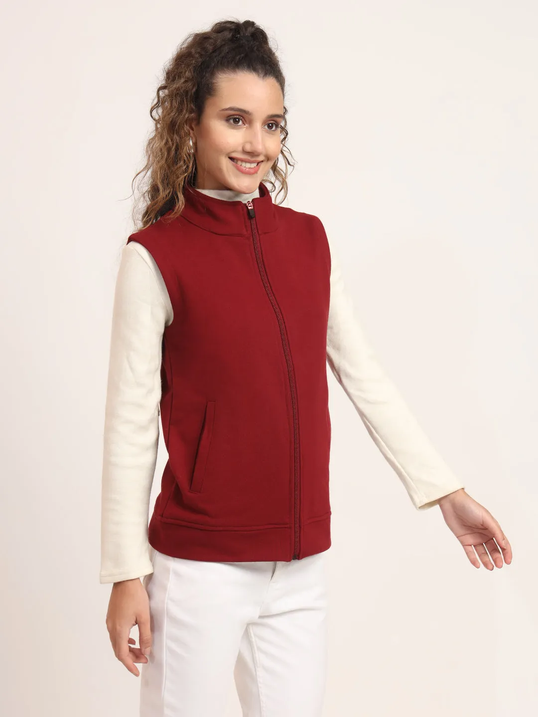 Women Mock Collar Solid Cotton Casual Bomber Jacket