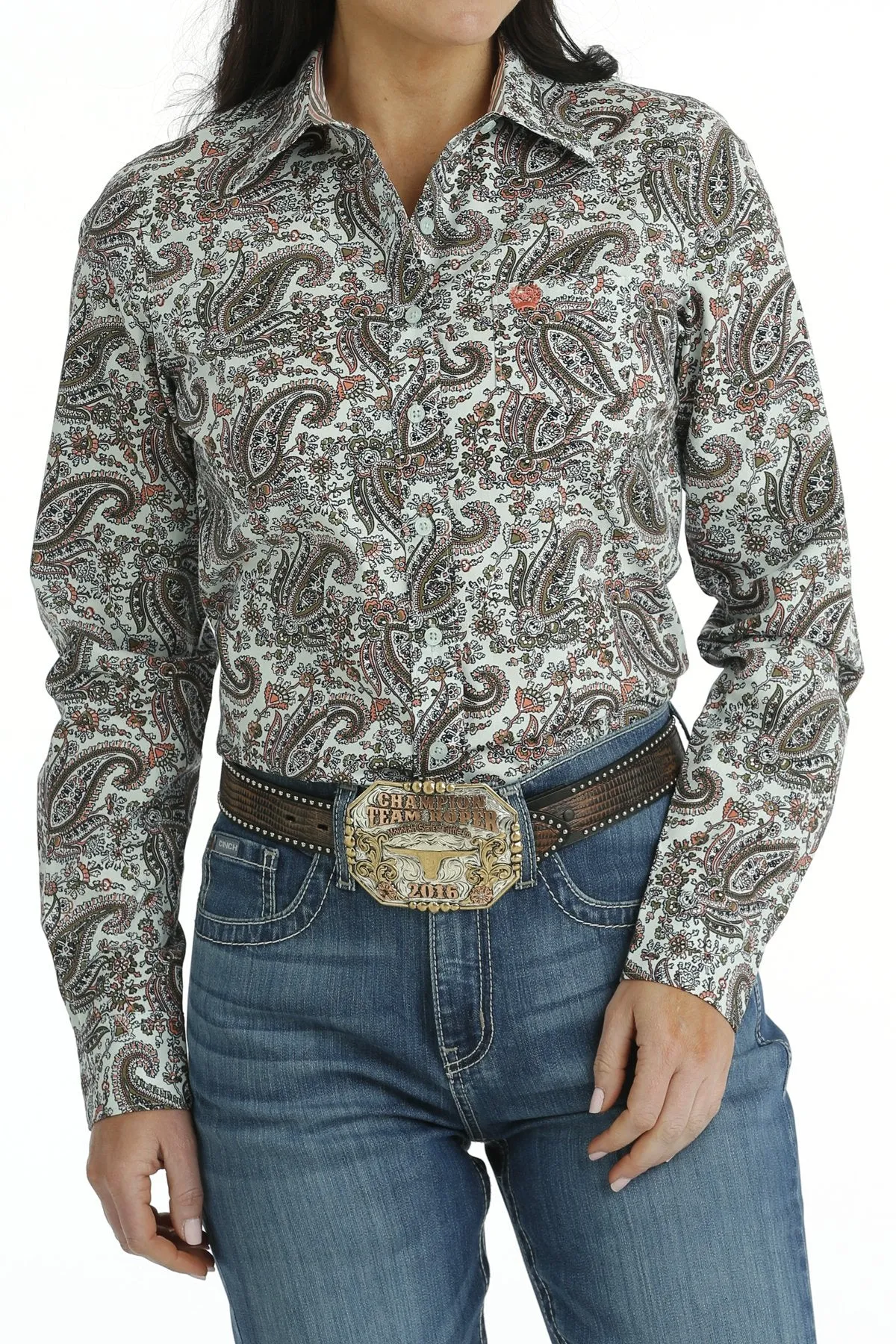 Women's Cinch Blue Paisley Print Long Sleeve Button Down Shirt