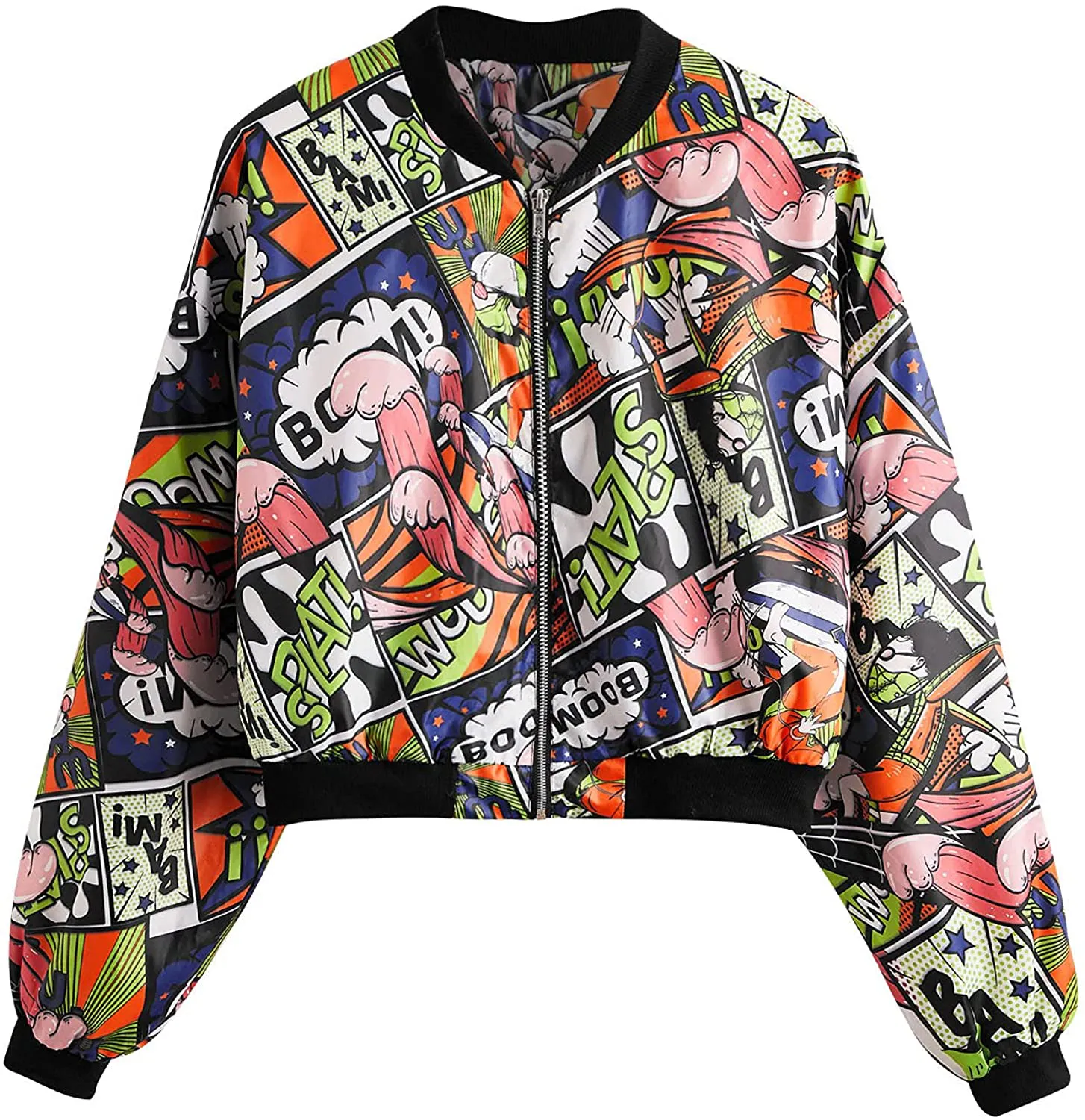 Women's Fashion Long Sleeve Comic Print Crop Bomber Zipper Jacket