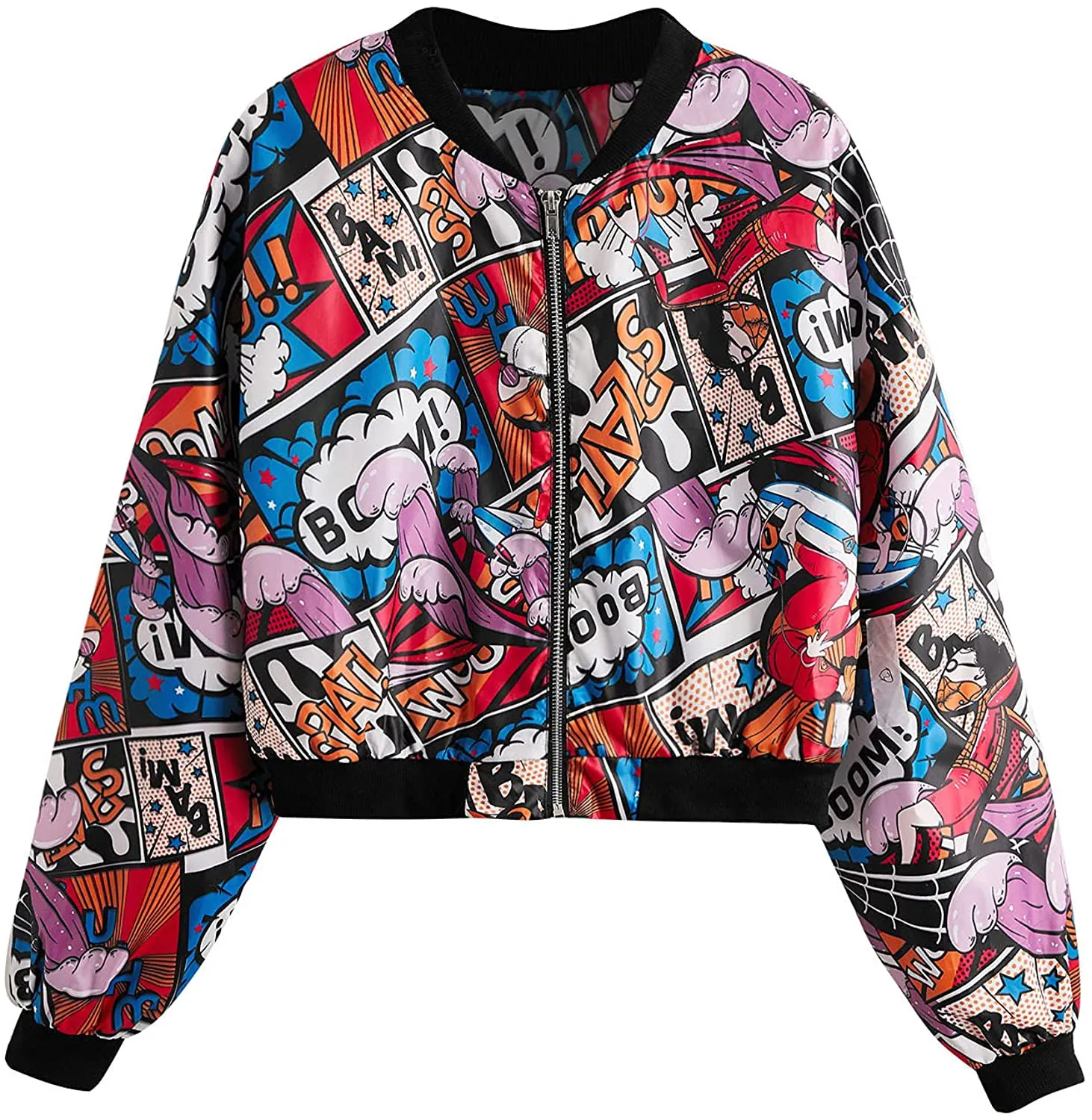 Women's Fashion Long Sleeve Comic Print Crop Bomber Zipper Jacket